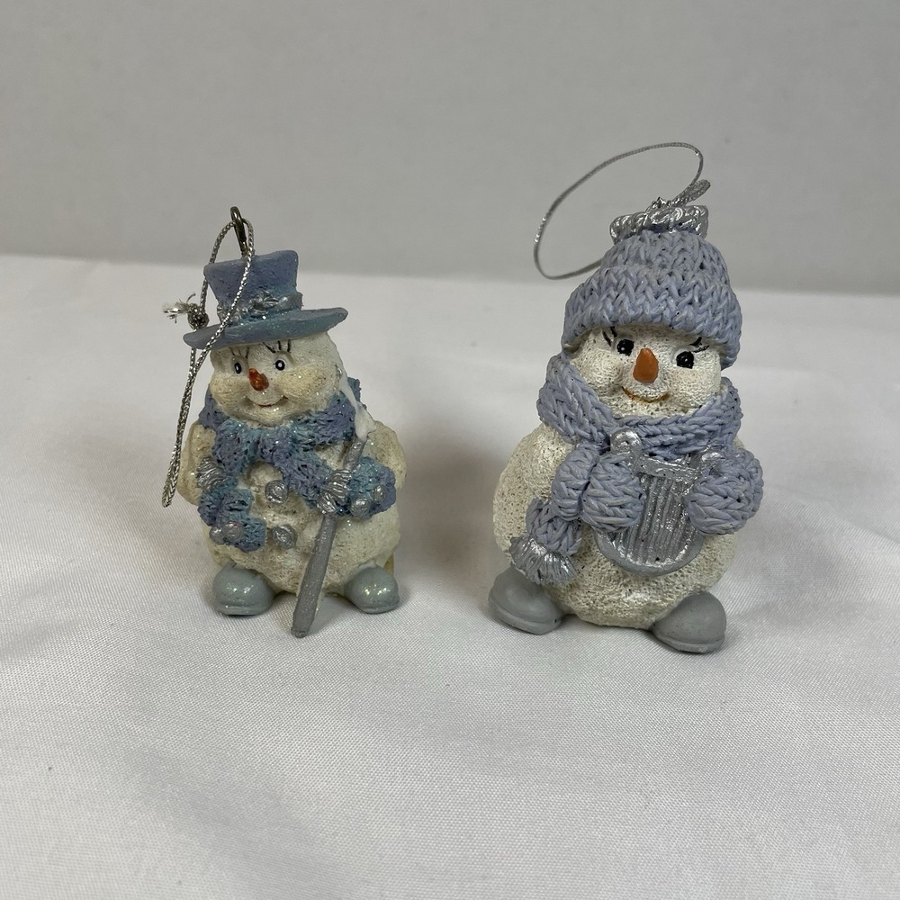 Vintage 1998 Encore Group Snowman Ornaments Off To Work Set of 2 Blue Grey
